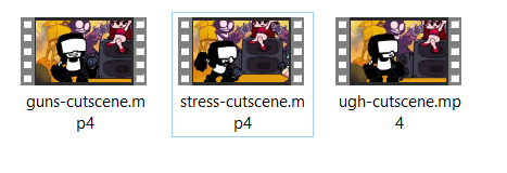 Image showing the file explorer of 3 files: guns-cutscene.mp4, stress-cutscene.mp4 and ugh-cutscene.mp4